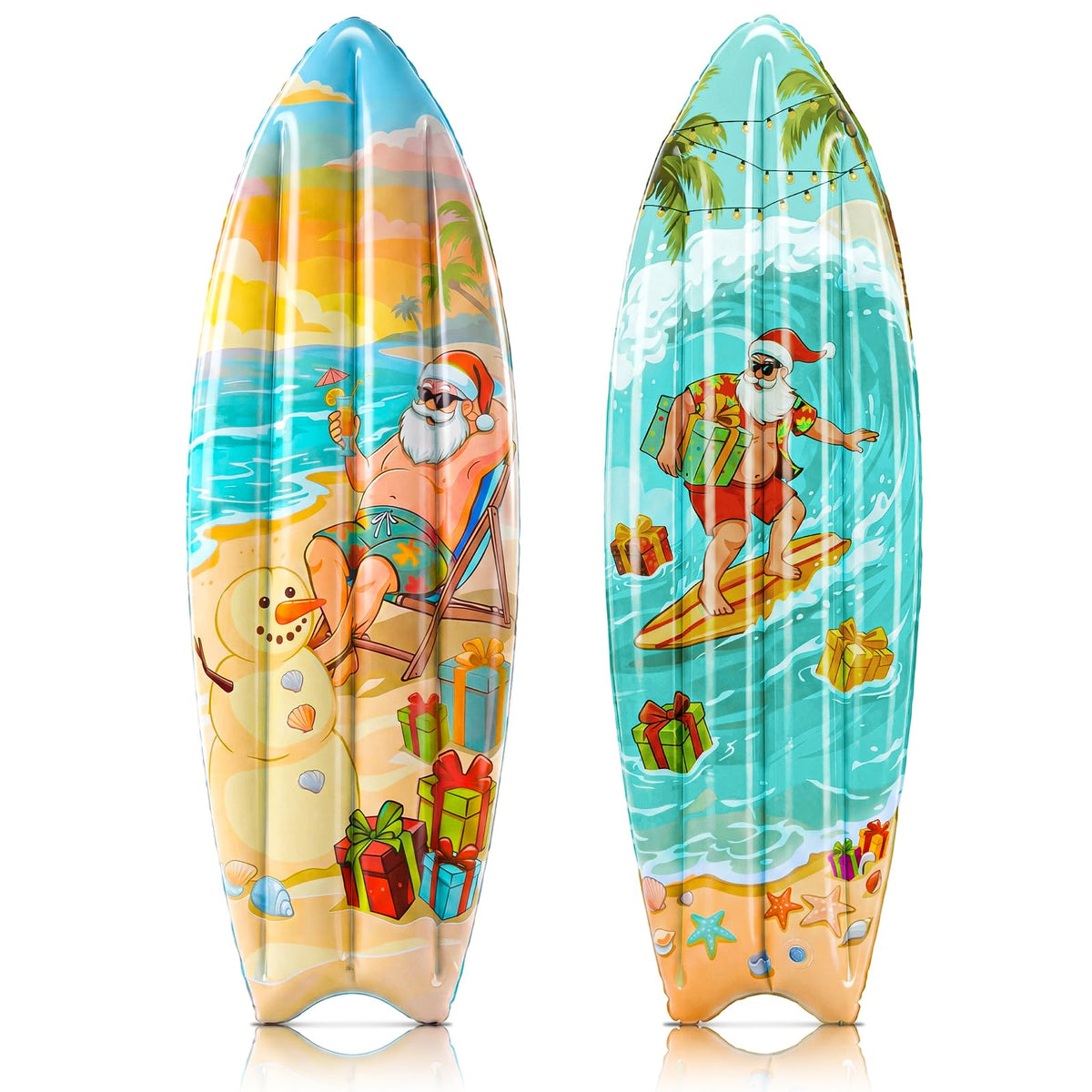 Leinuosen front view of both inflatable surfboards showing colorful designs and easy party benefit