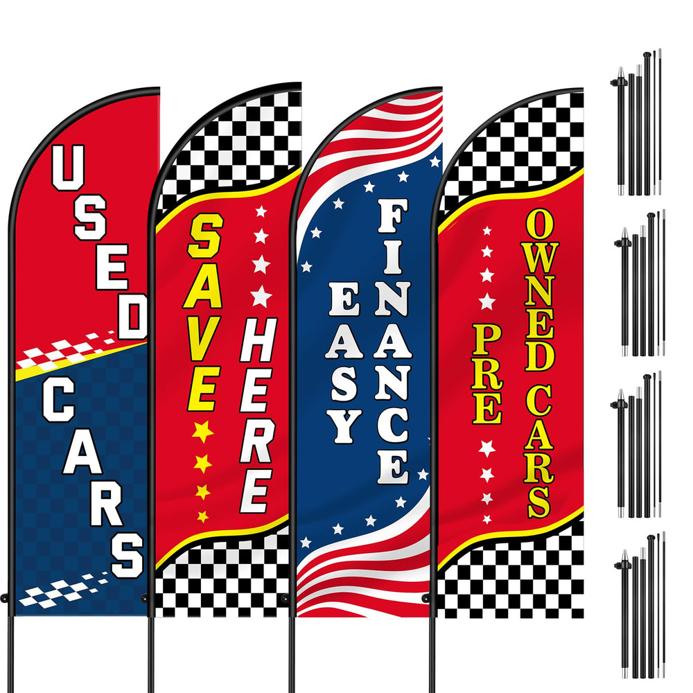Leinuosen front packaging showing four colorful used car flags and included accessories for clear promotions