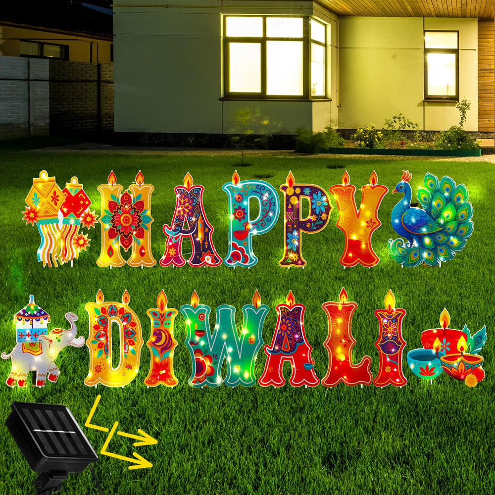 Leinuosen front view of multicolor Diwali yard signs showing festive curb appeal