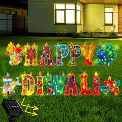 Leinuosen front view of multicolor Diwali yard signs showing festive curb appeal