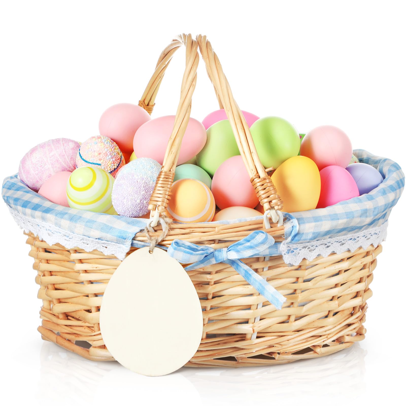 Leinuosen front view of blue-lined wicker basket showing handle and shape, ideal for gifting