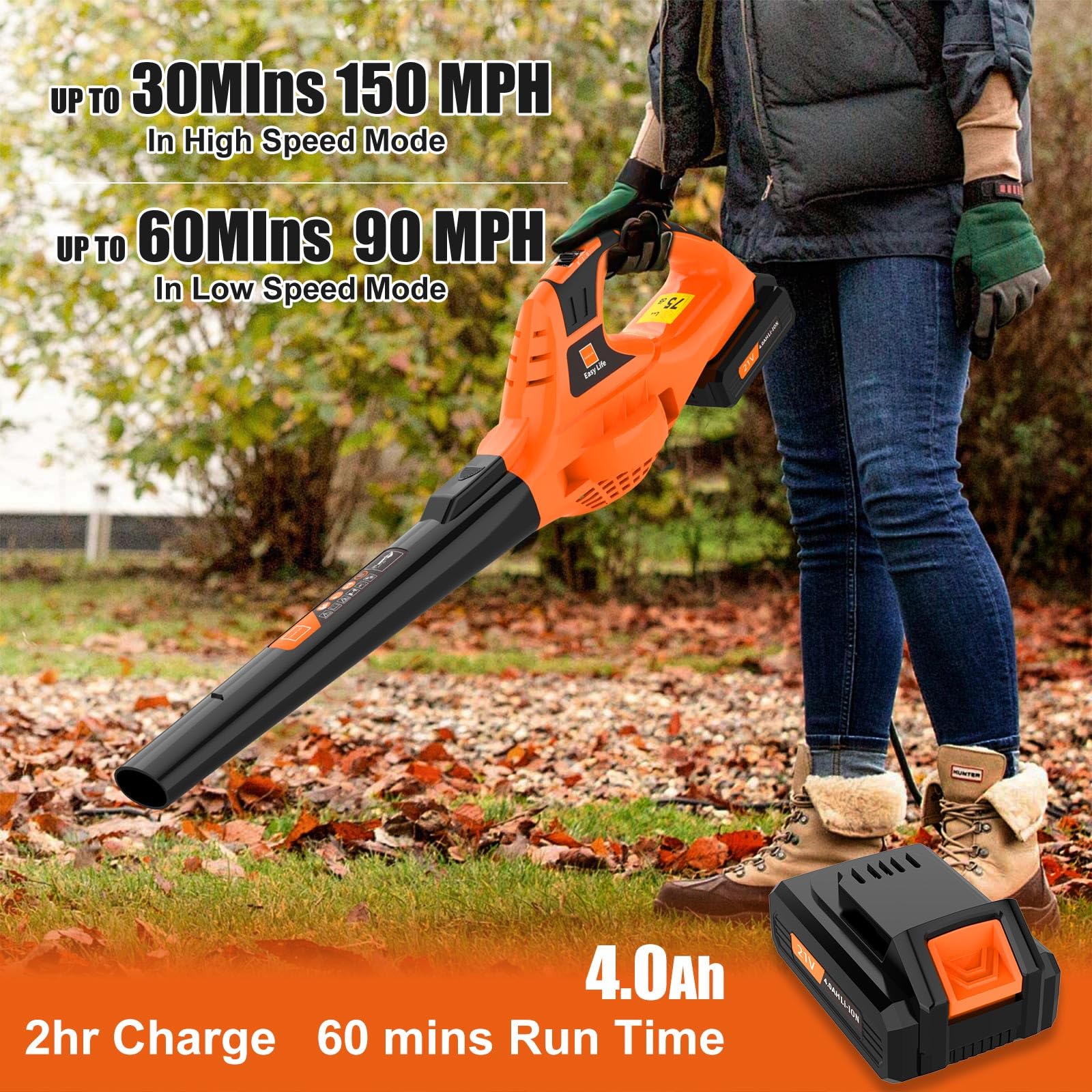 Leisch Life blower in use clearing leaves from a driveway for quick cleanup