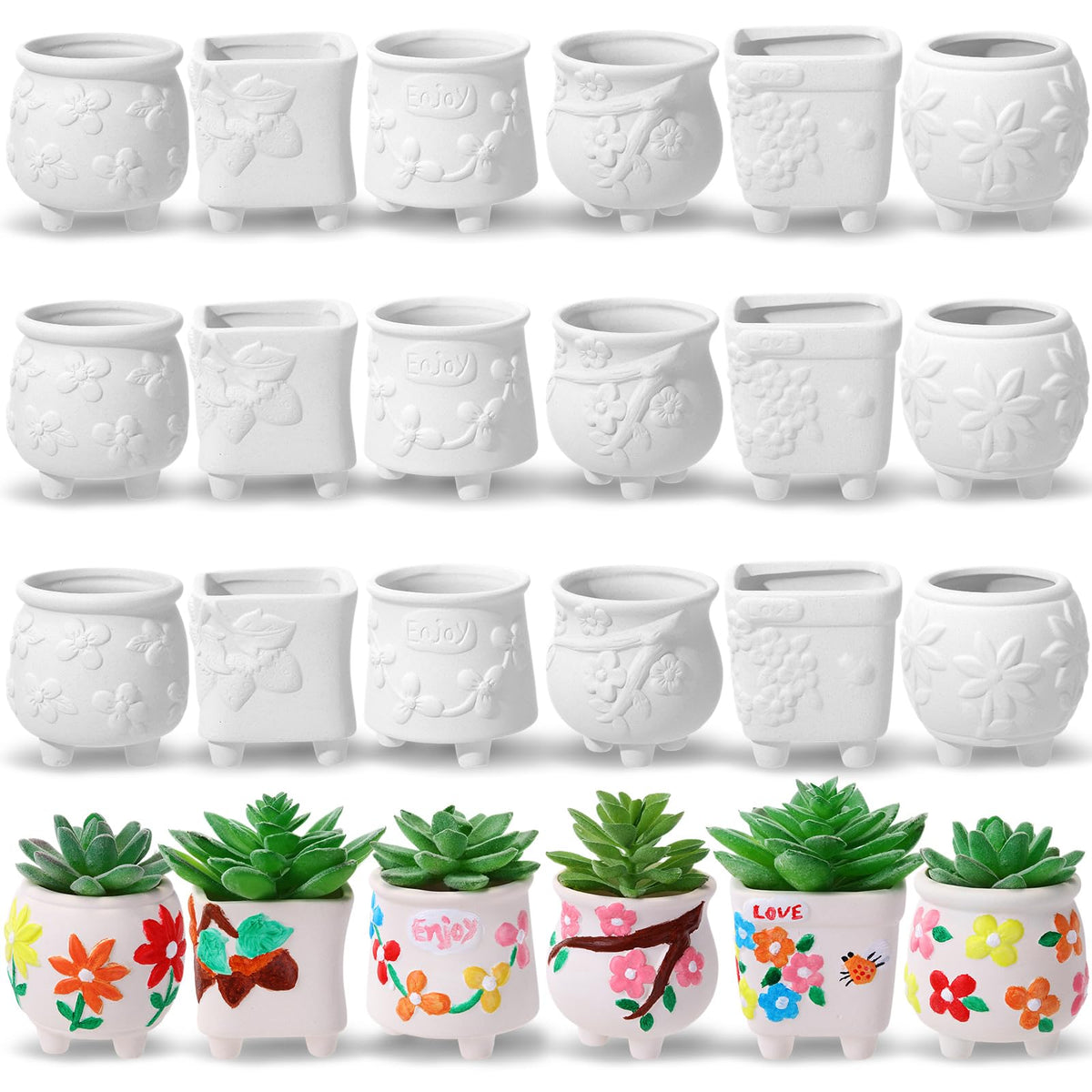 Leitee front view of 18-pack ready-to-paint mini pots showing value