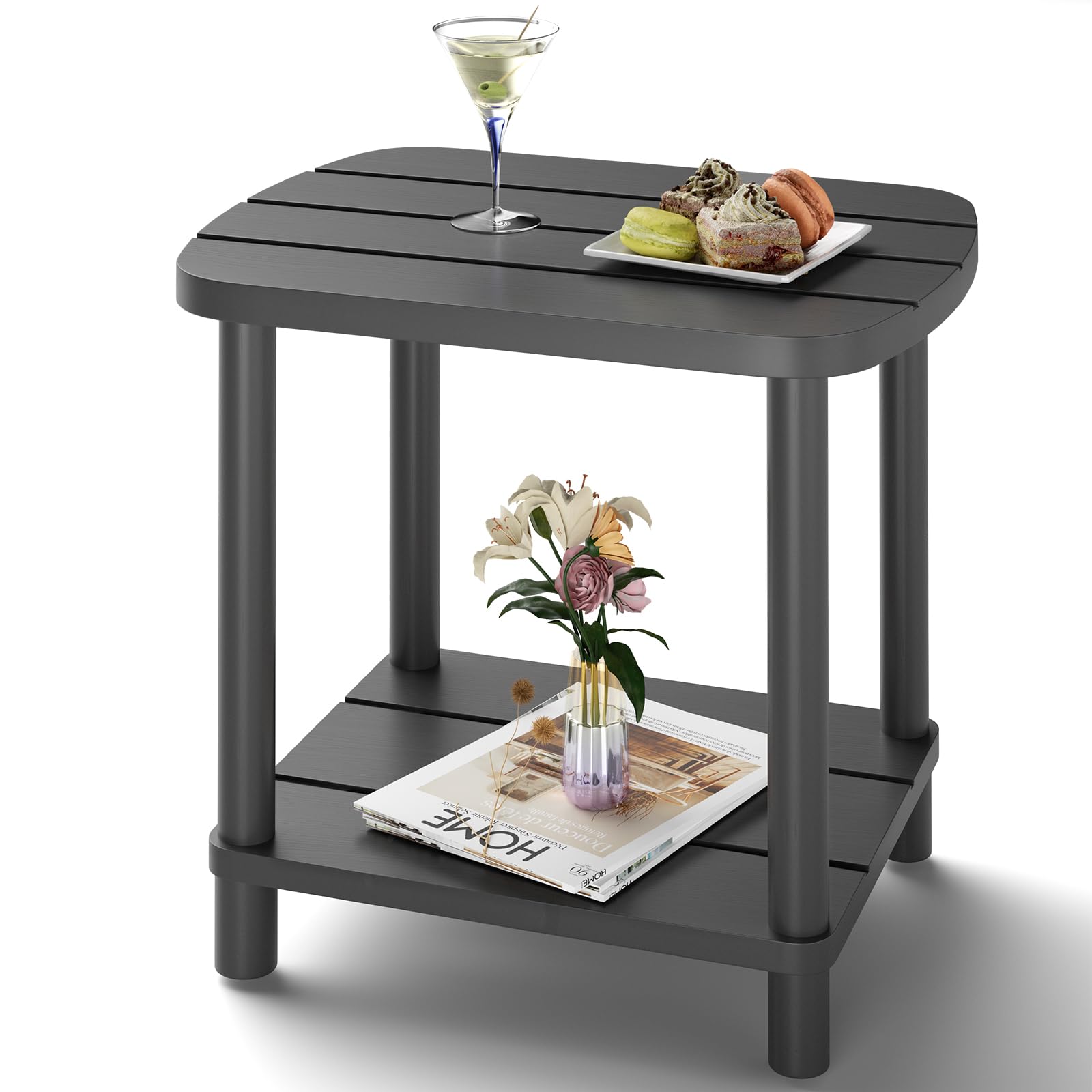 LEJANEOYE bamboo side table front view showing compact outdoor surface and stability