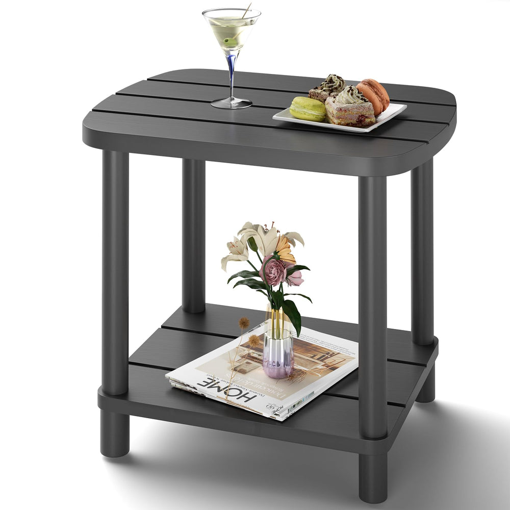 LEJANEOYE bamboo side table front view showing compact outdoor surface and stability
