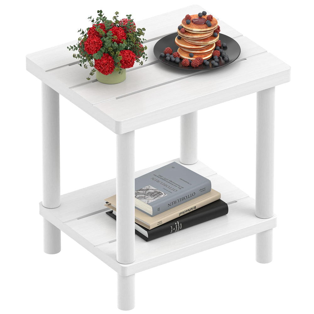 LEJANEOYE front view of two-tier bamboo side table showing sturdy design and storage