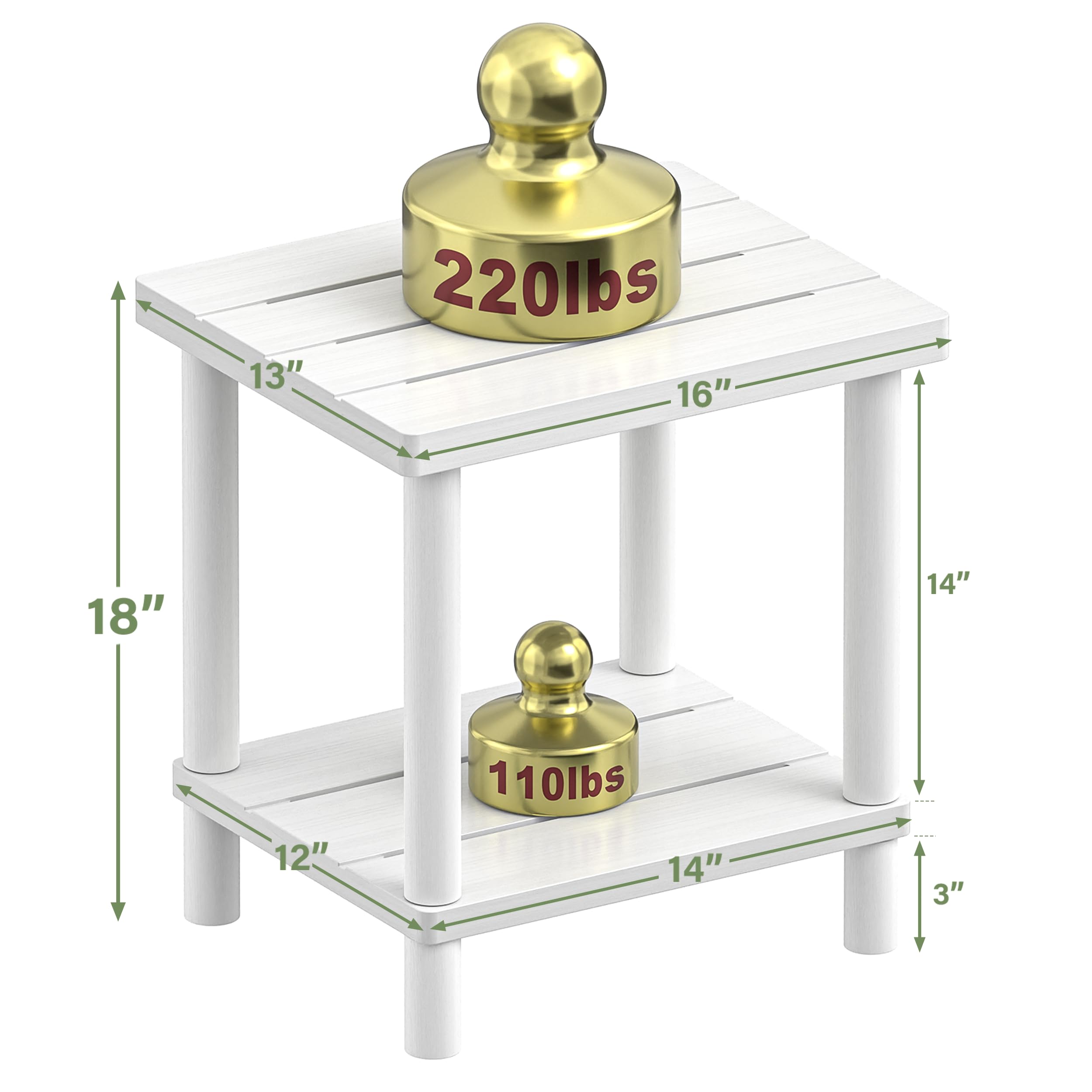 LEJANEOYE top and lower shelf detail showing load capacity and usable space