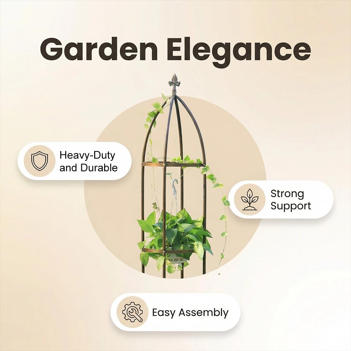 LeJoy Garden obelisk placed in a patio planter saving ground space