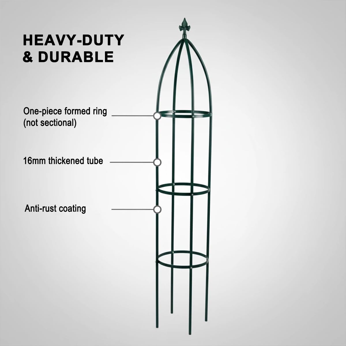 LeJoy Garden obelisk staked into garden soil showing four-stake stability benefit