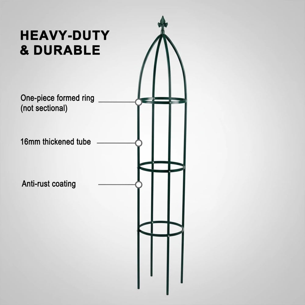 LeJoy Garden obelisk staked into garden soil showing four-stake stability benefit