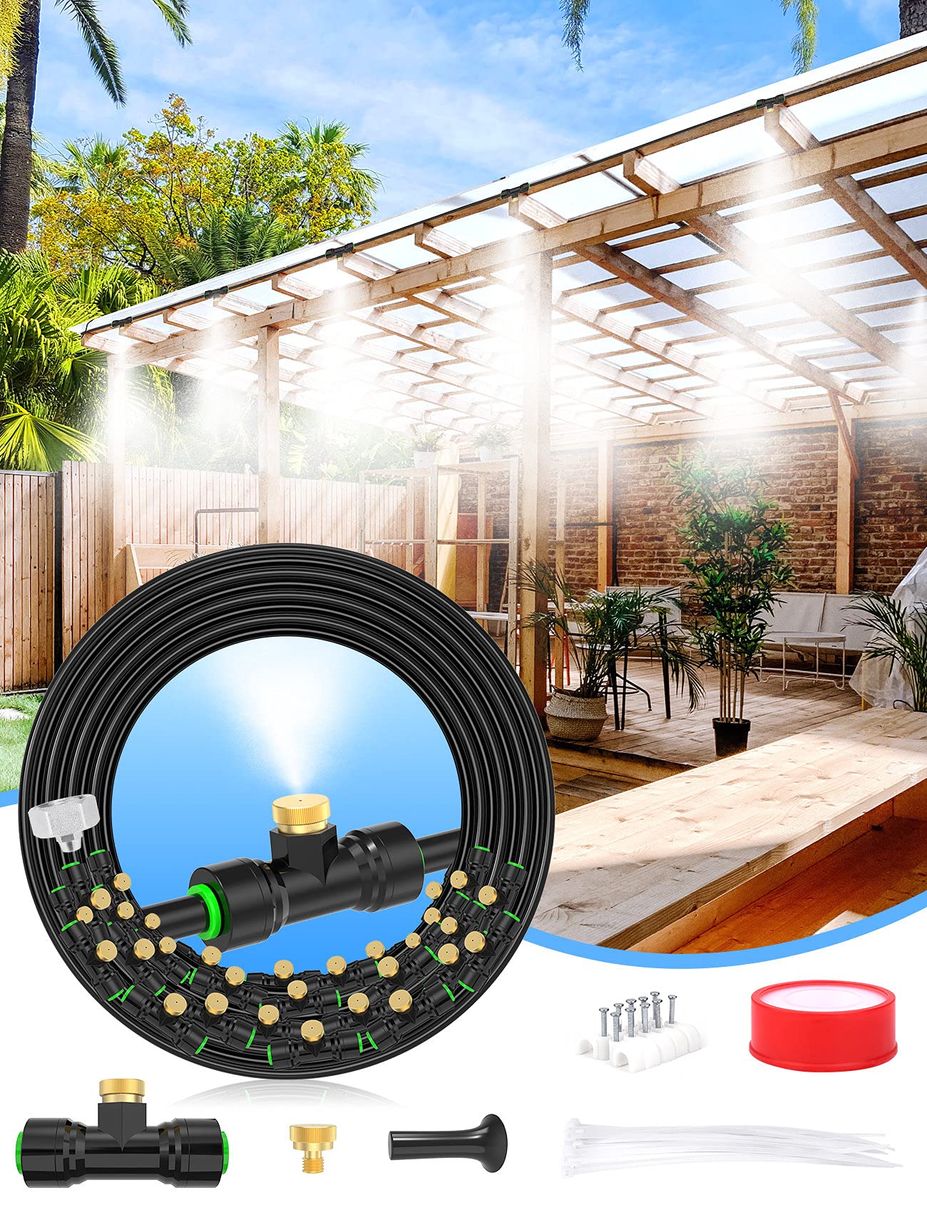 Lekit front packaging showing full 89ft misting kit and components for quick install