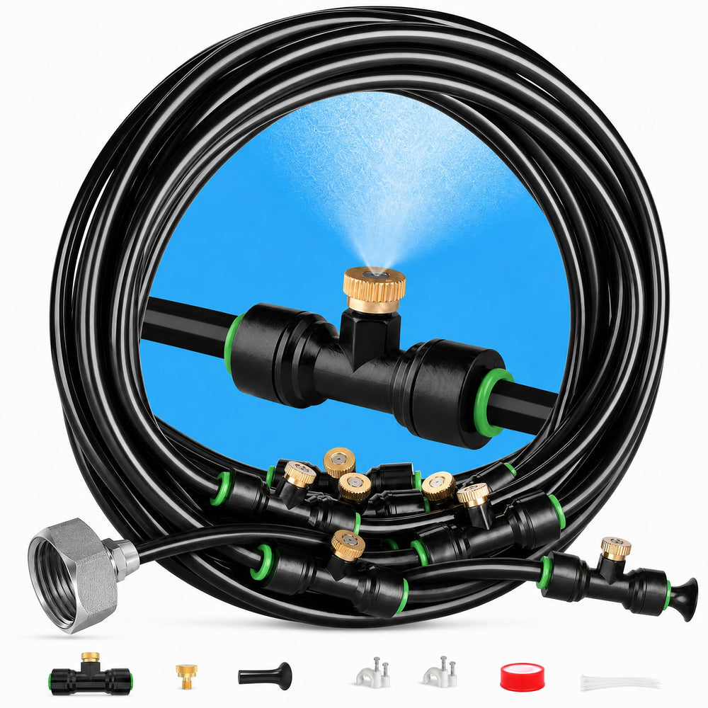 Lekit front packaging showing full 63FT kit and 21 brass nozzles for quick setup