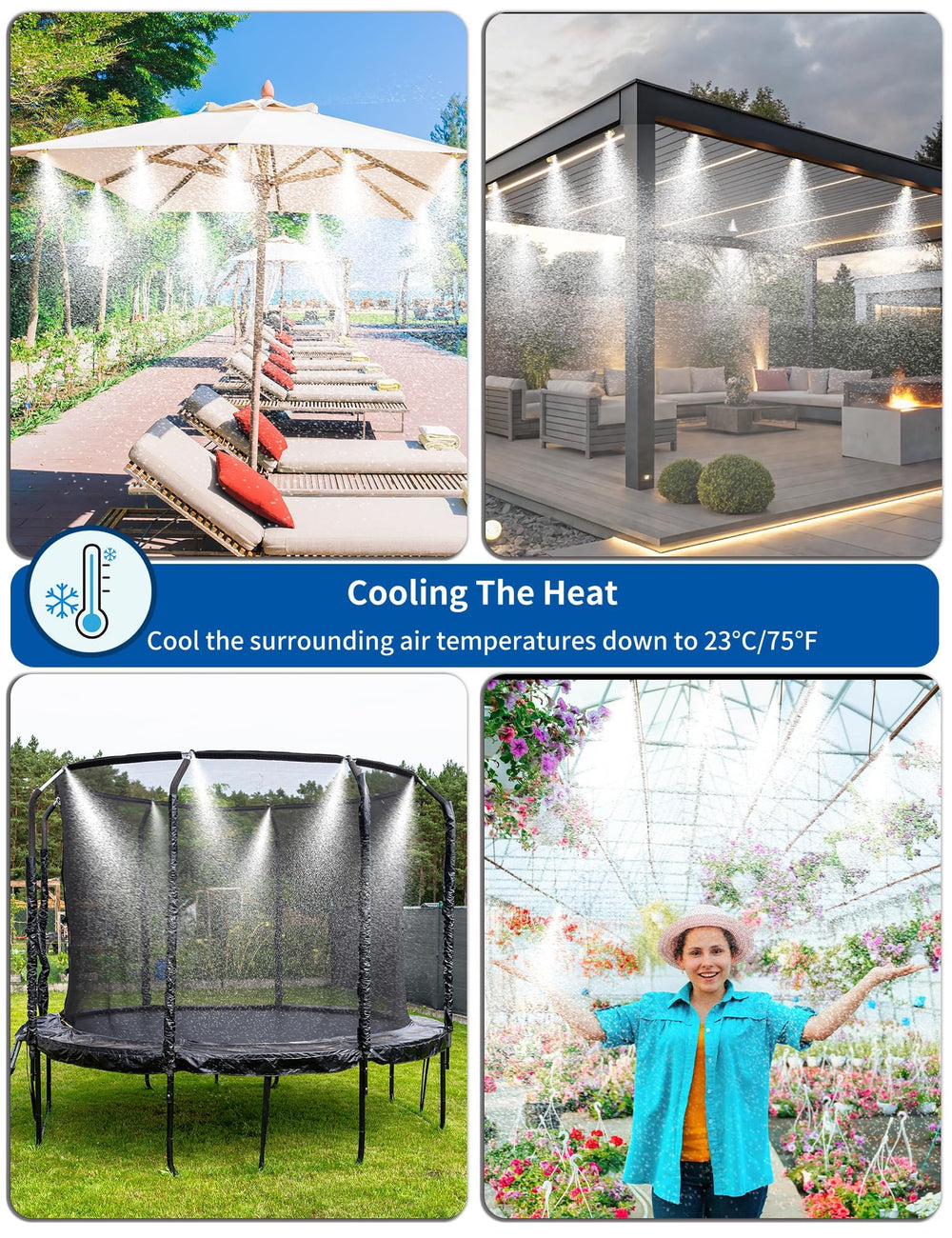 Lekit patio scene at dusk with misting system creating comfortable outdoor cooling