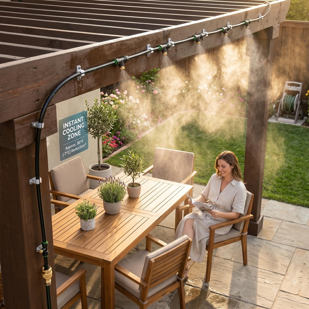 Lekit nozzle spray showing coverage and spread for effective outdoor cooling