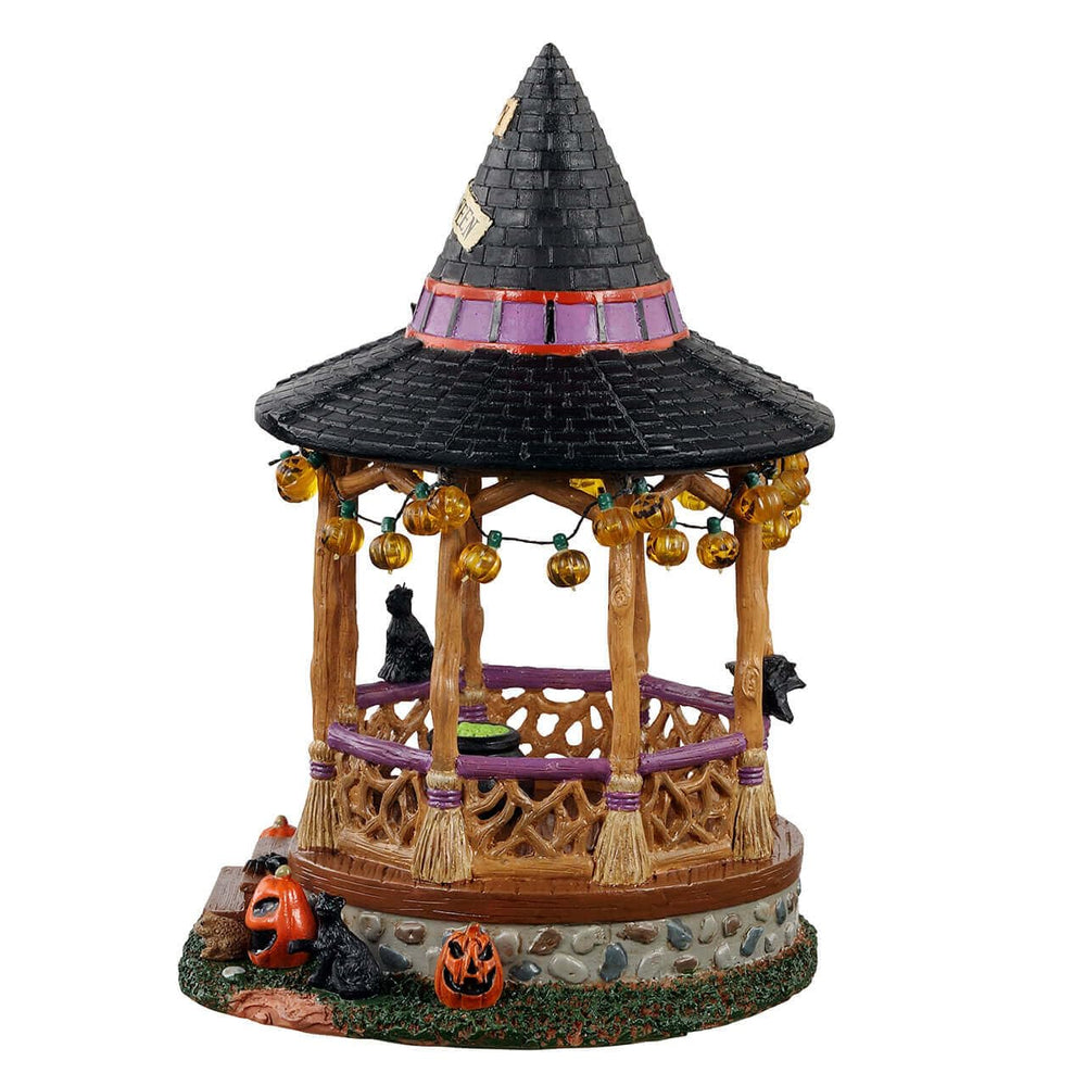 Lemax Witch Gazebo broom column detail and textured polyresin, durable tabletop accent
