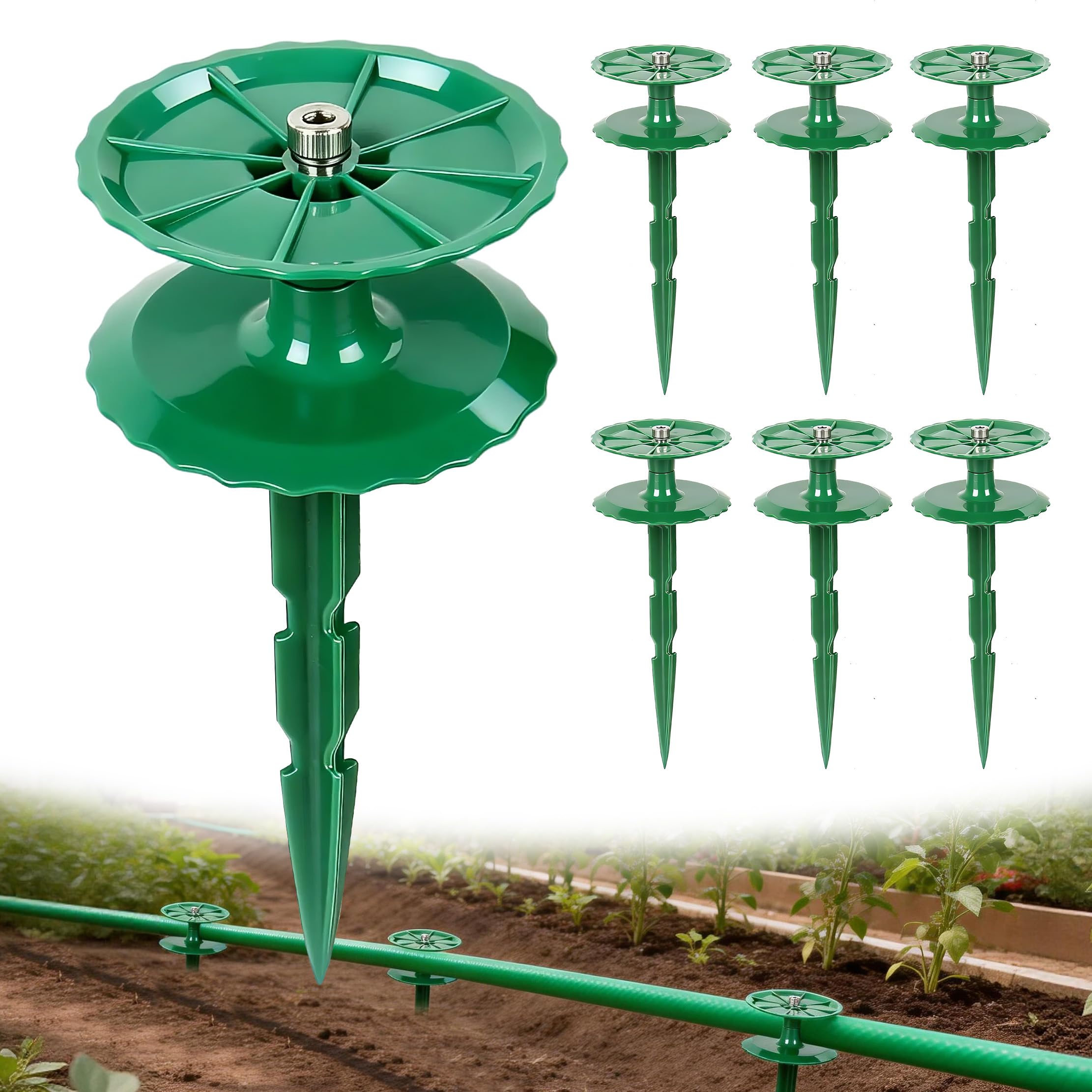 LEMEWEL front view of six green hose guide stakes shows pack benefit of organization