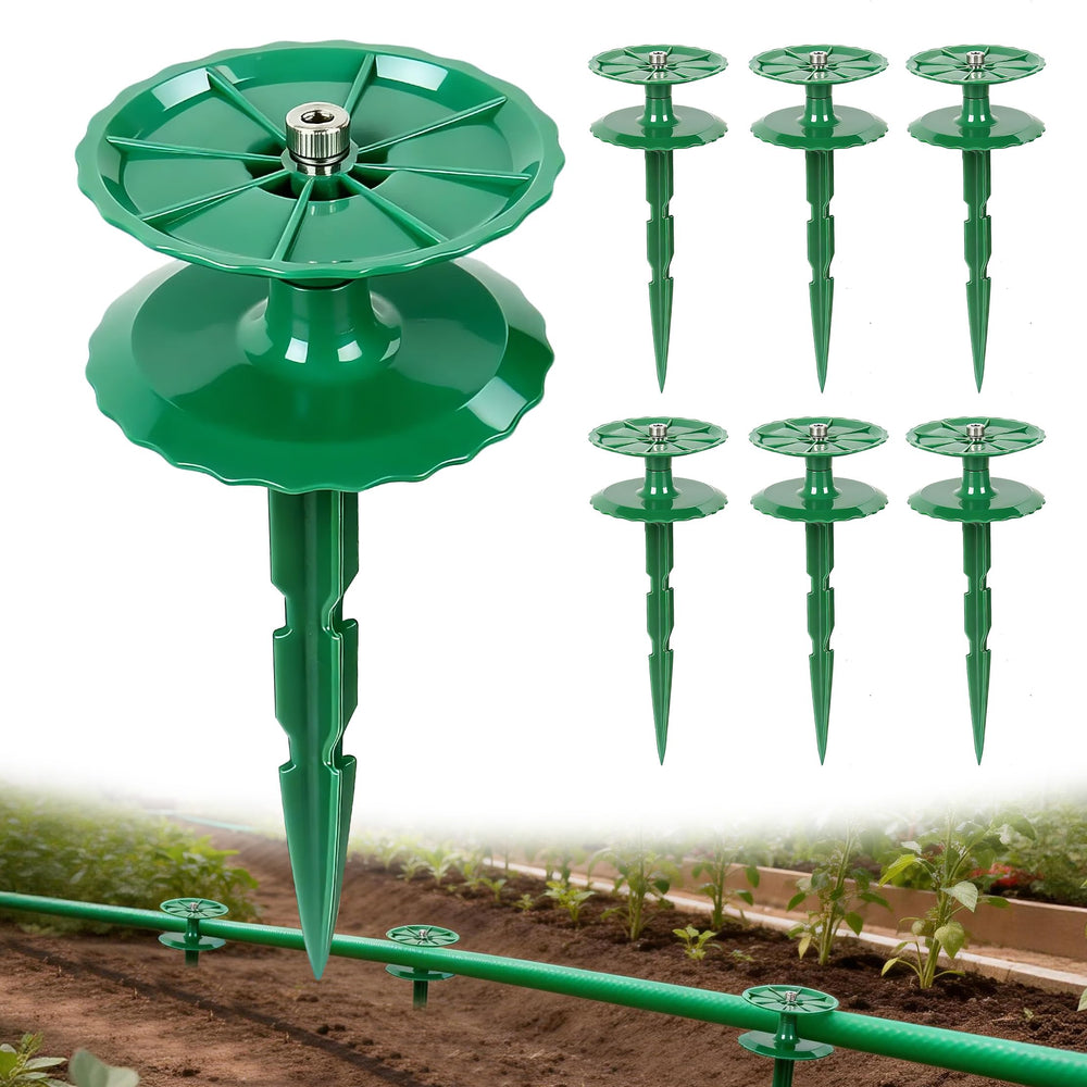 LEMEWEL front view of six green hose guide stakes shows pack benefit of organization
