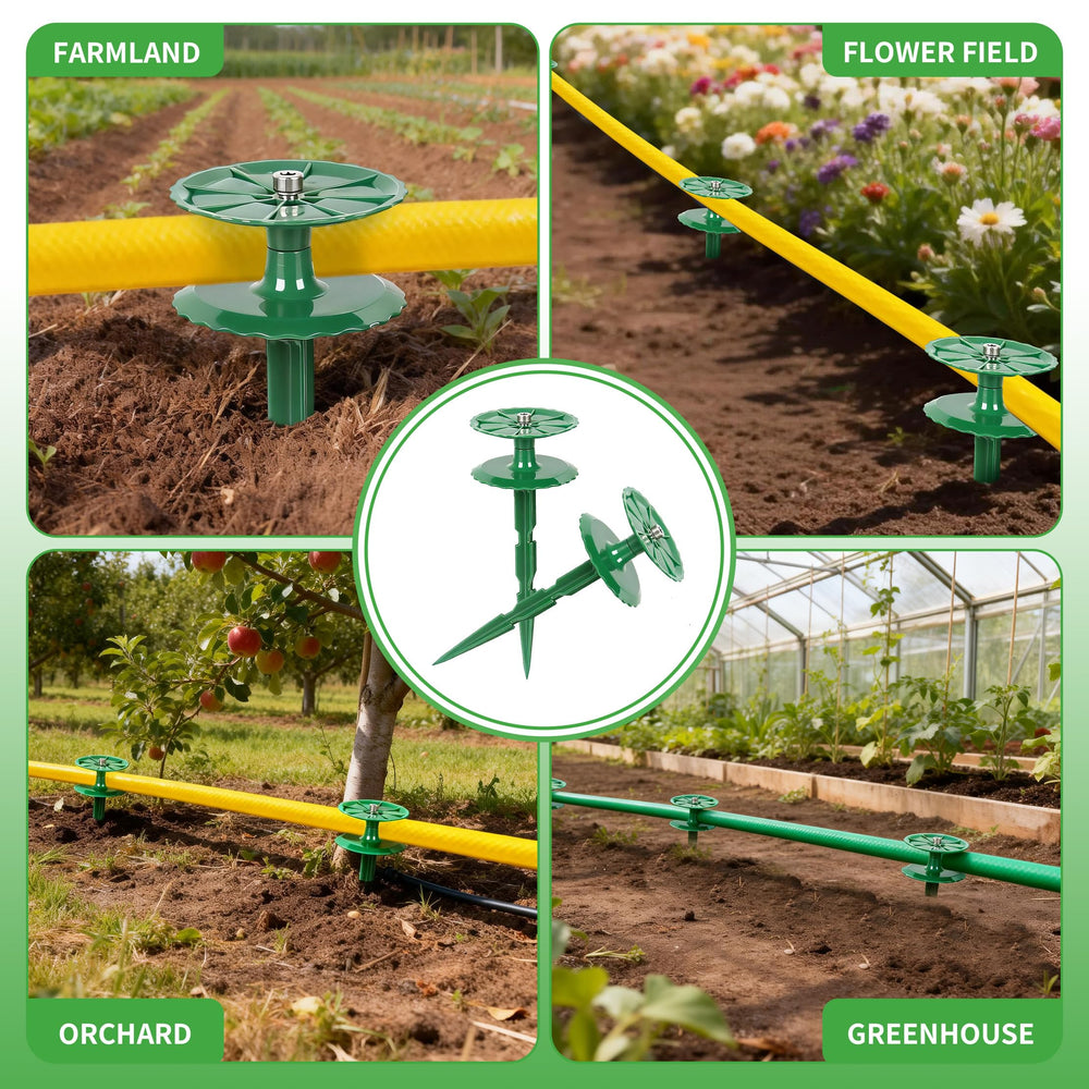 LEMEWEL stakes placed in landscaped lawn showing tidy hose routing and usability