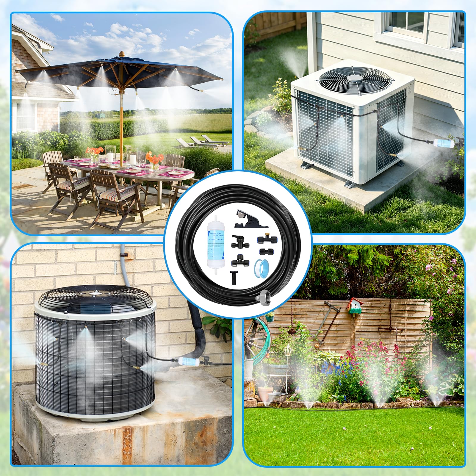 LEMewel patio misting lifestyle shot cooling outdoor seating area for comfortable summer use