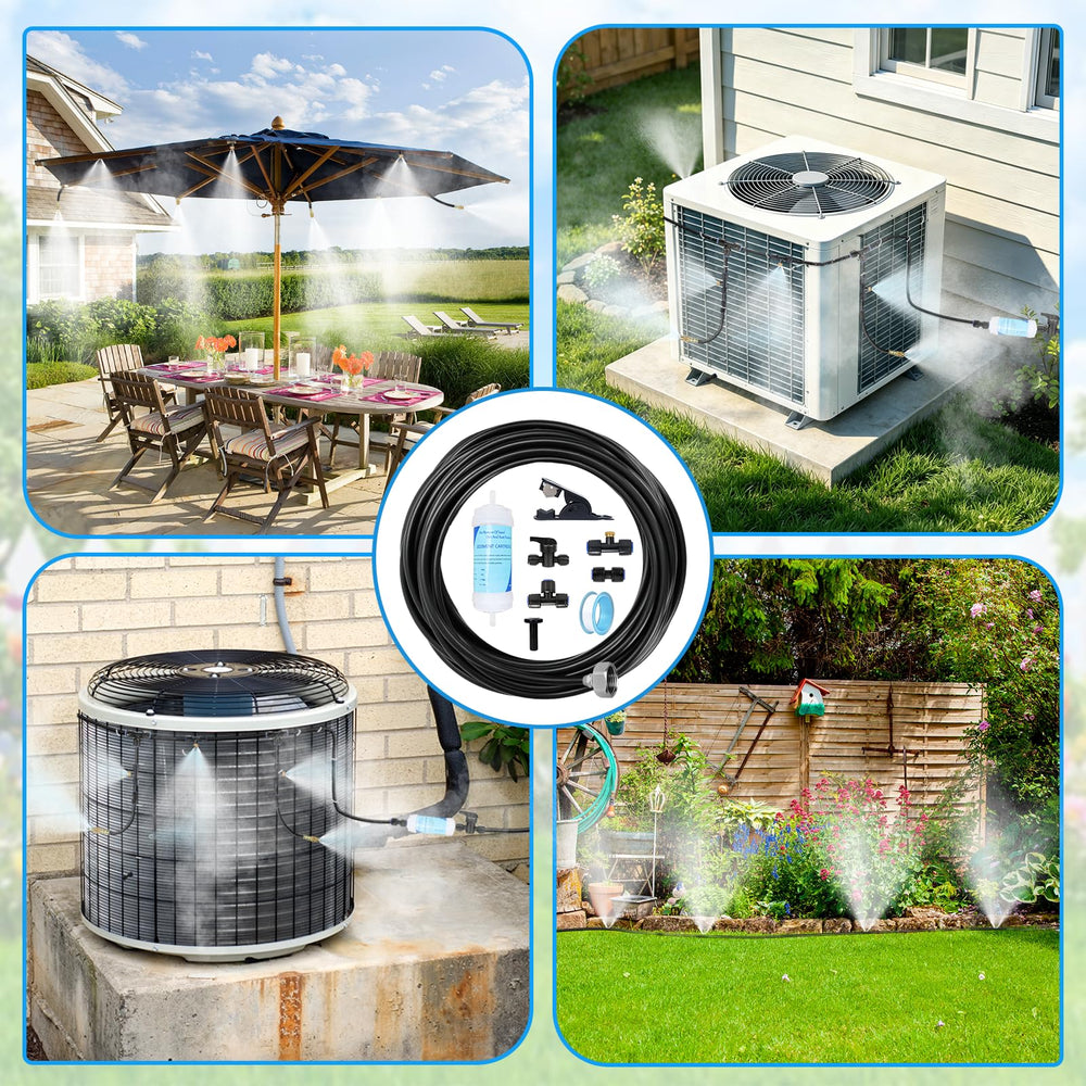 LEMewel patio misting lifestyle shot cooling outdoor seating area for comfortable summer use