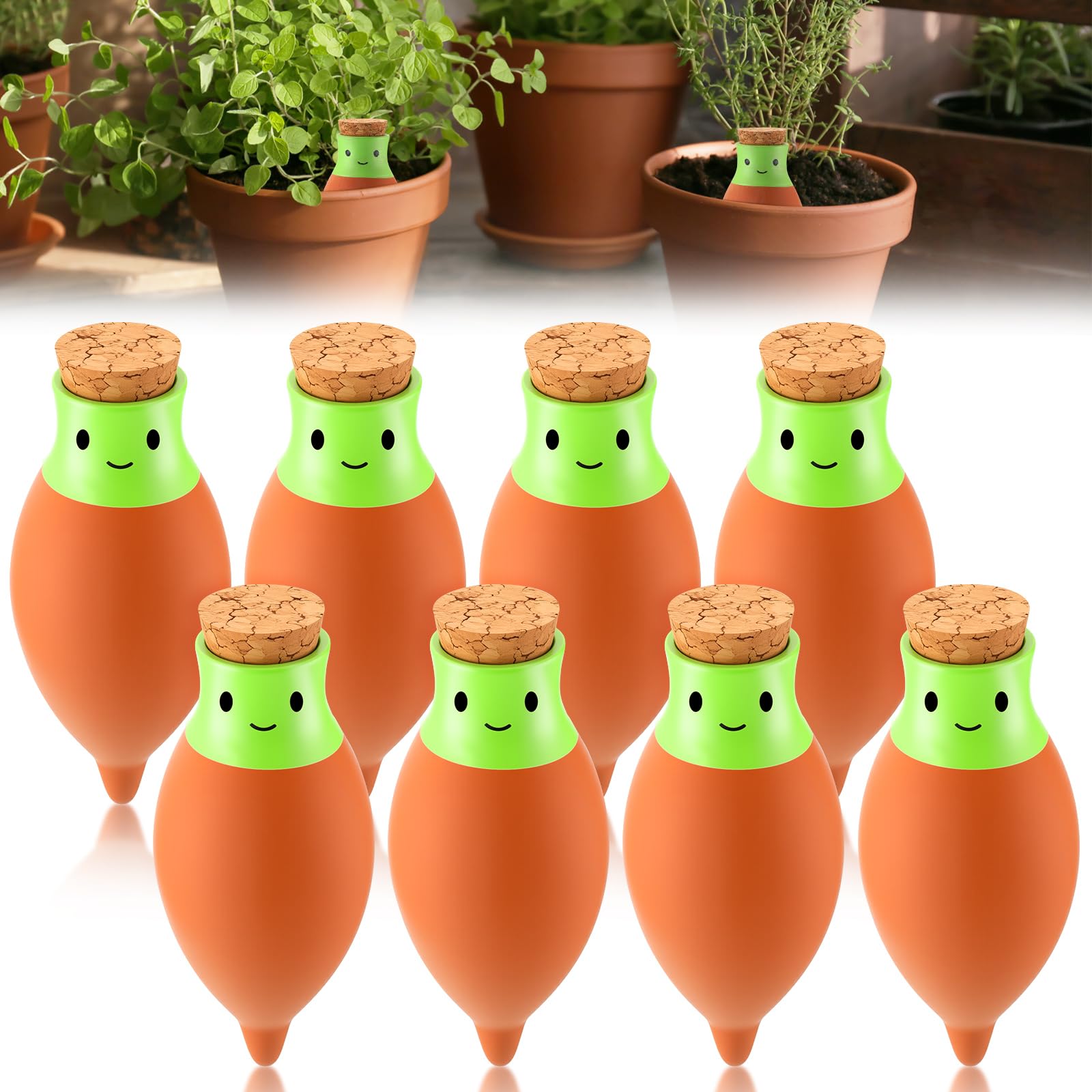 LemonRoad front view of 8-pack ollas showing terracotta and green neck, decorative irrigation