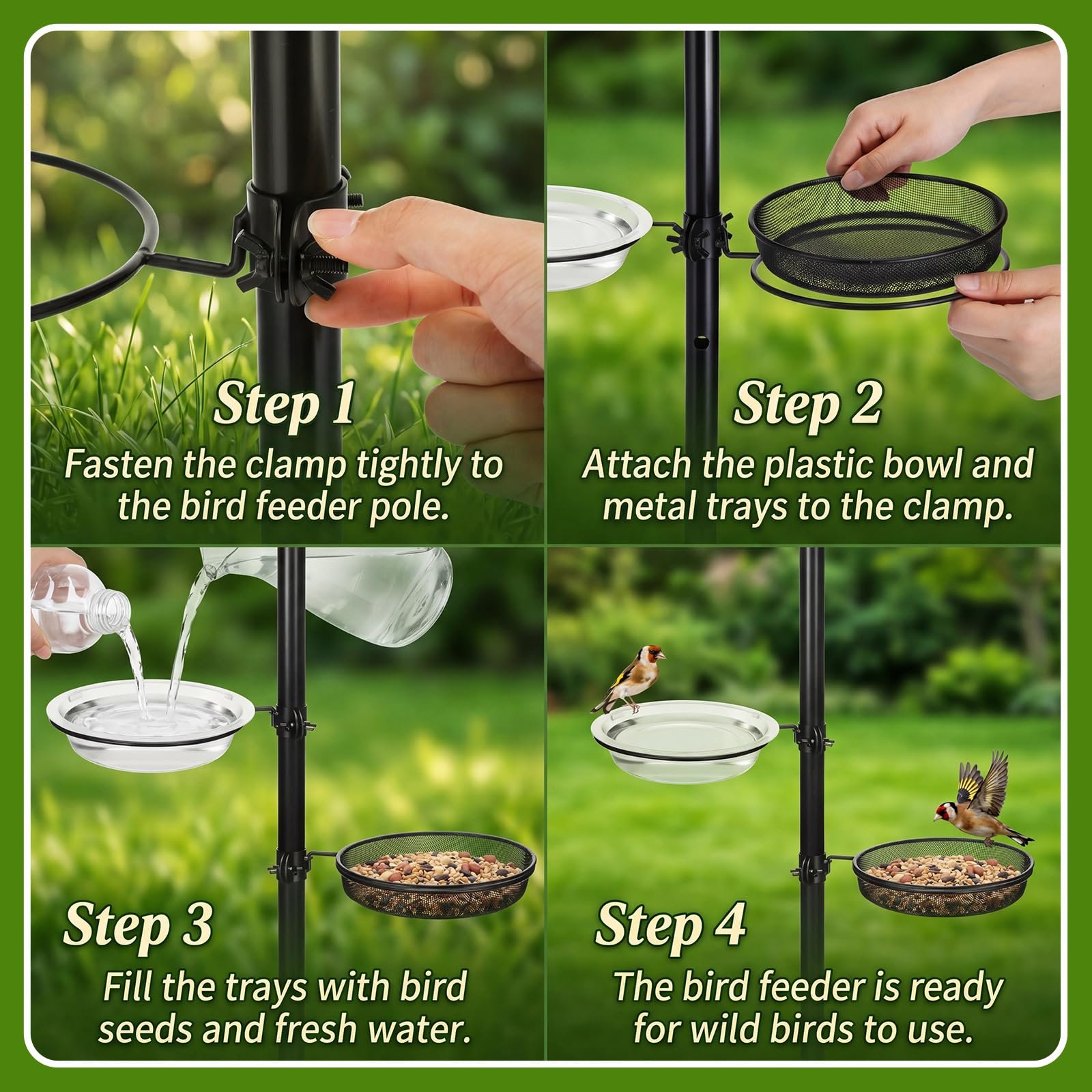 LemonRoad trays mounted on a pole attracting backyard birds for viewing