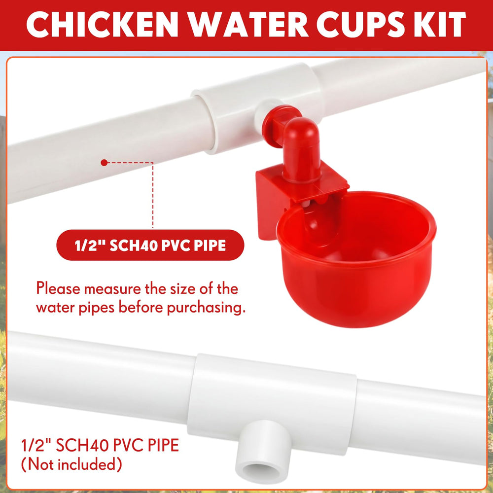 LemonRoad cups installed on 1/2 inch PVC line in a coop, keeps water off bedding