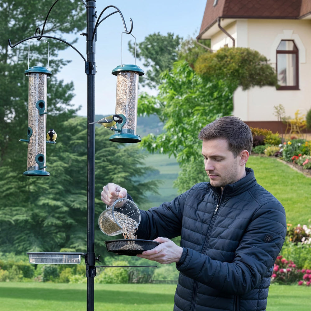 LemonRoad mesh tray mounted on a pole with birds feeding showing easy installation benefit