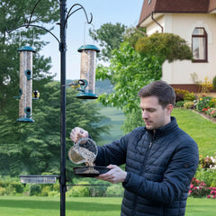 LemonRoad mesh tray mounted on a pole with birds feeding showing easy installation benefit