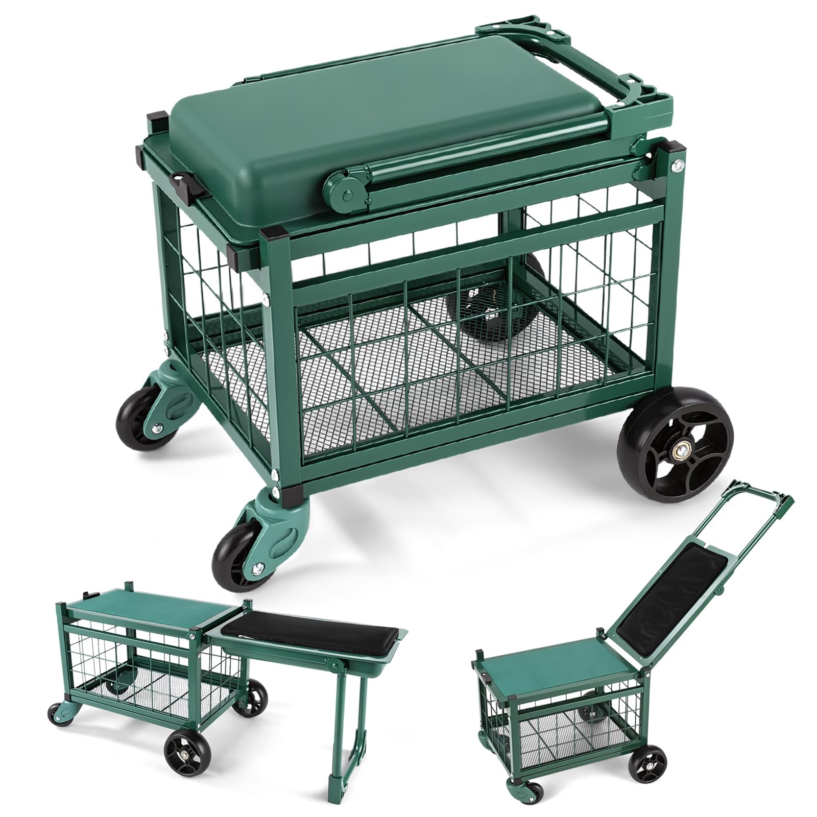 LemZodo front view of garden cart showing seat and lid, improves gardening comfort