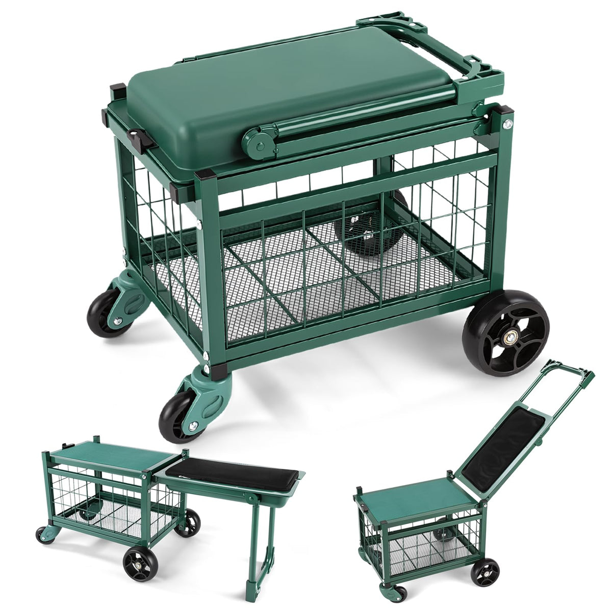 LemZodo front view of garden cart showing seat and lid, improves gardening comfort
