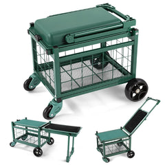 LemZodo front view of garden cart showing seat and lid, improves gardening comfort