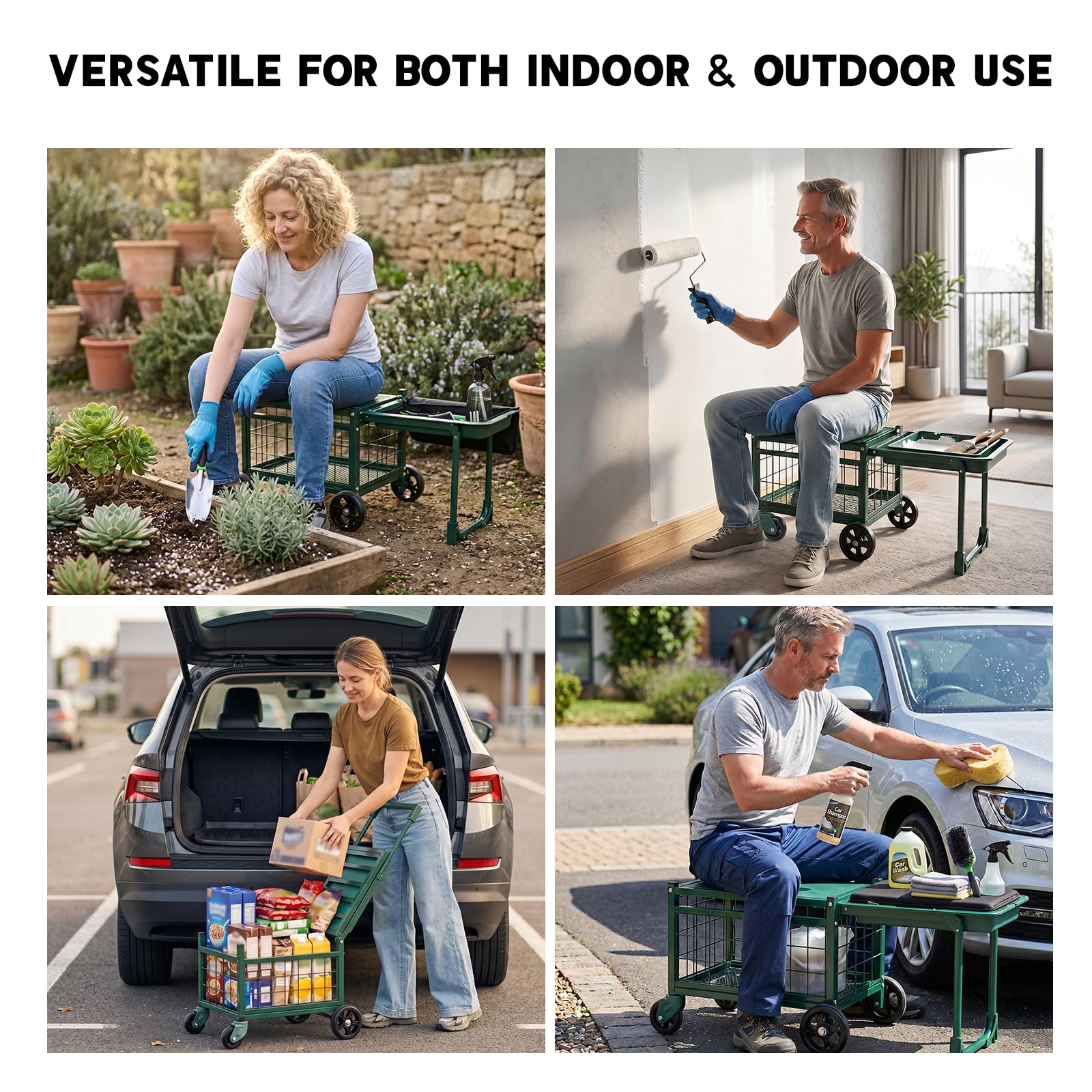 LemZodo lifestyle image of person gardening on patio using the rolling seat for mobility