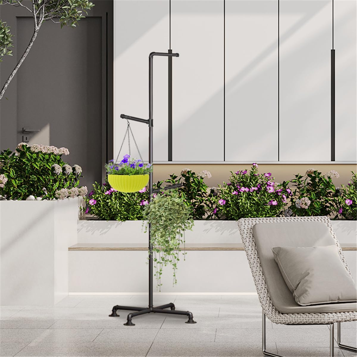 Lengfkus on balcony with mixed planters creating layered greenery benefit
