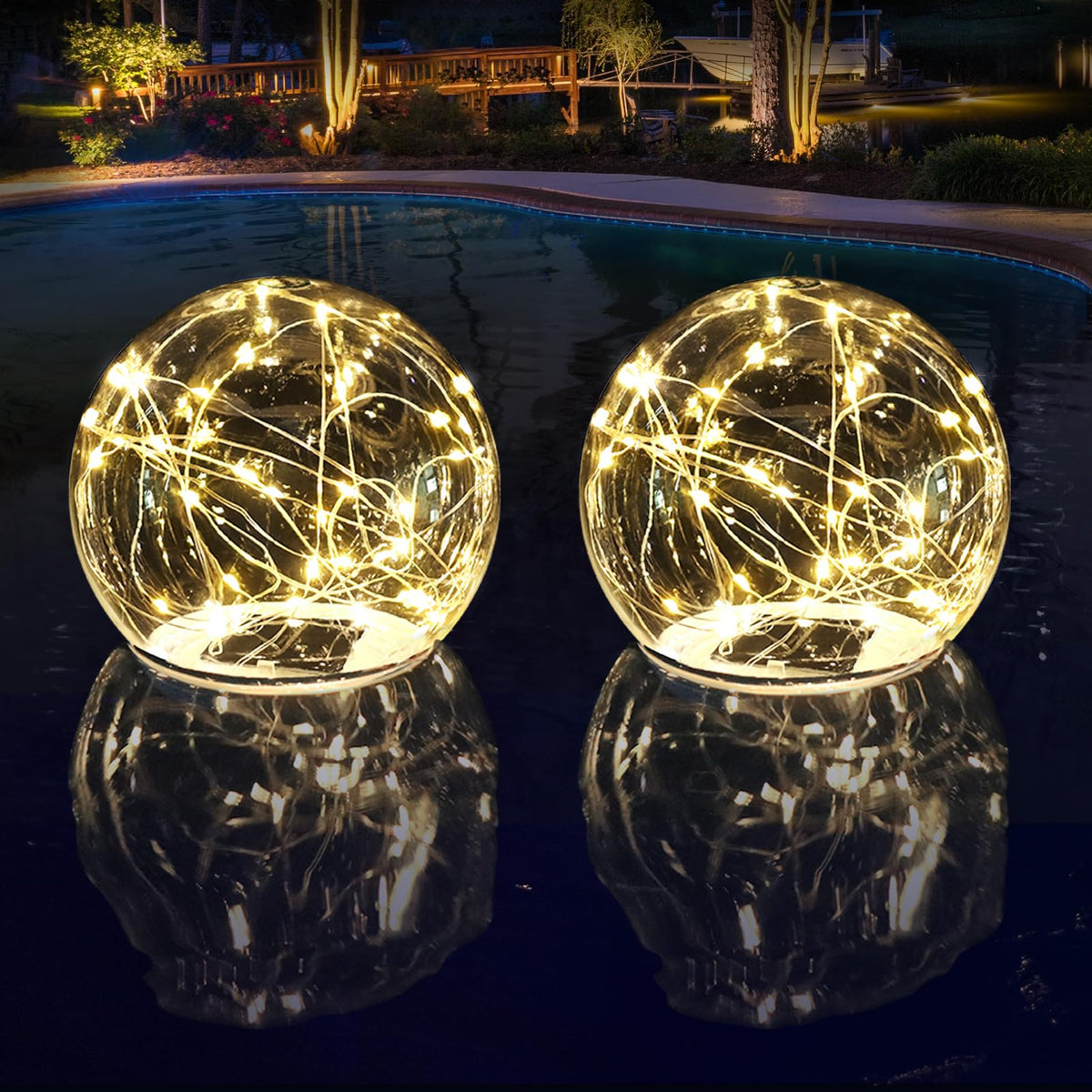 LENONE front view of floating pool lights showing warm glow benefit