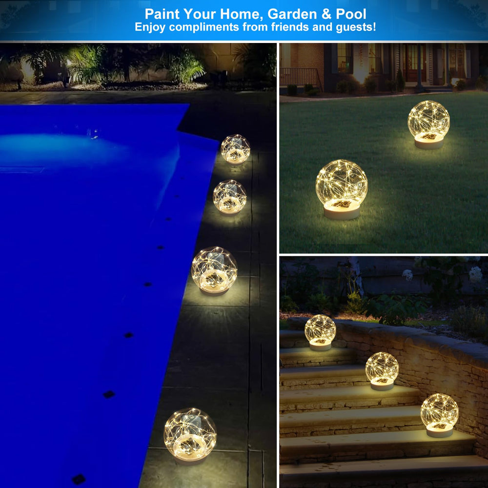 LENONE pool at dusk with lit globes creating ambient atmosphere