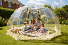 Lenotos front view of pop up bubble tent showing full dome and entrance, clear outdoor shelter benefit
