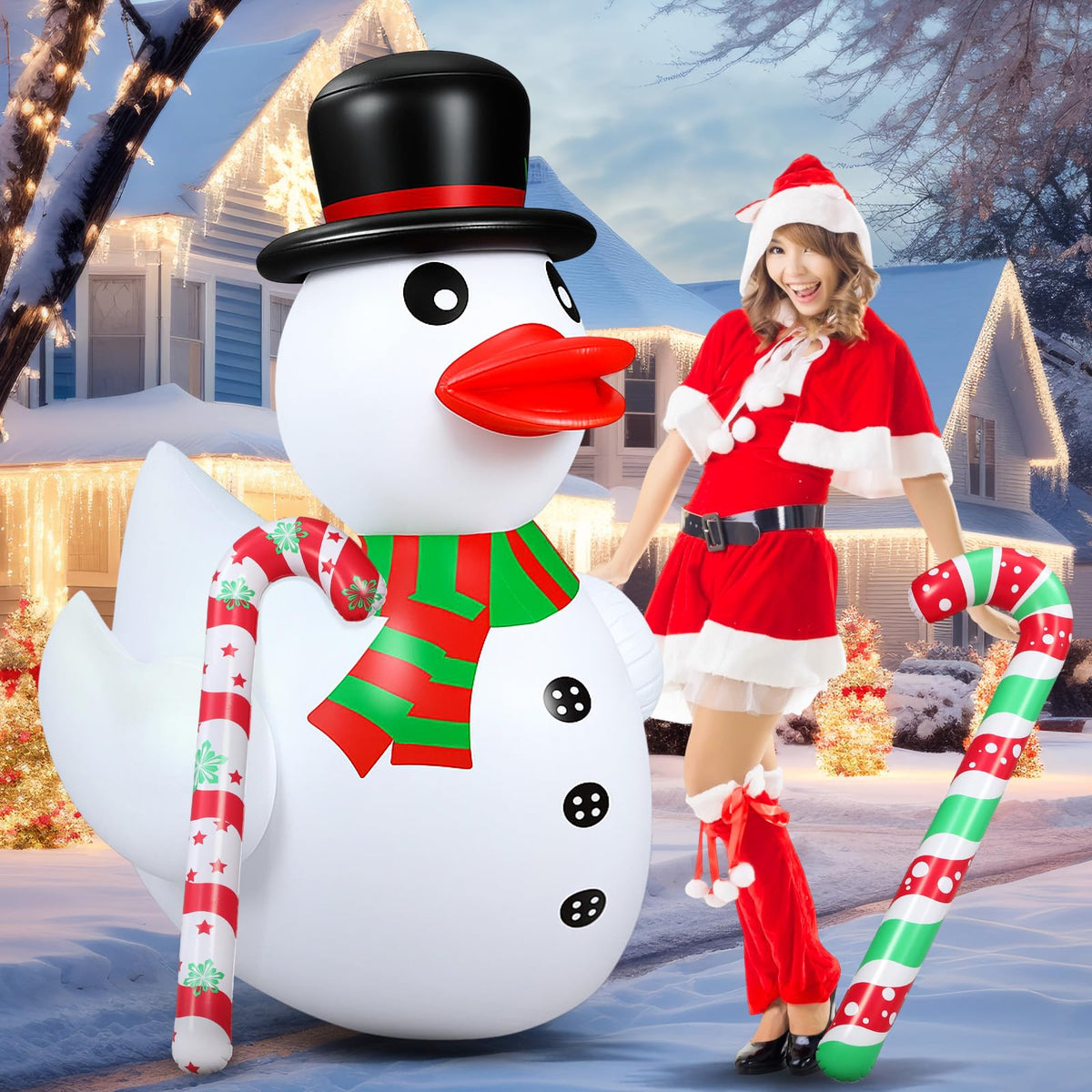 Lenwen front view inflatable snowman duck showing festive lawn appeal