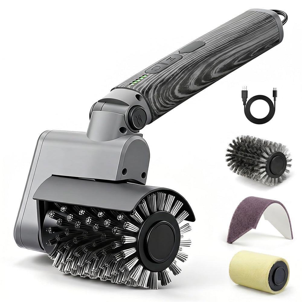 lenzhan front view of kit showing cordless brush and three heads for quick cleaning