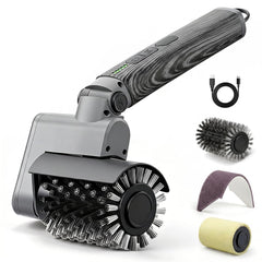 lenzhan front view of kit showing cordless brush and three heads for quick cleaning