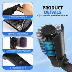 lenzhan brush in use on charcoal grill removing burnt-on food quickly