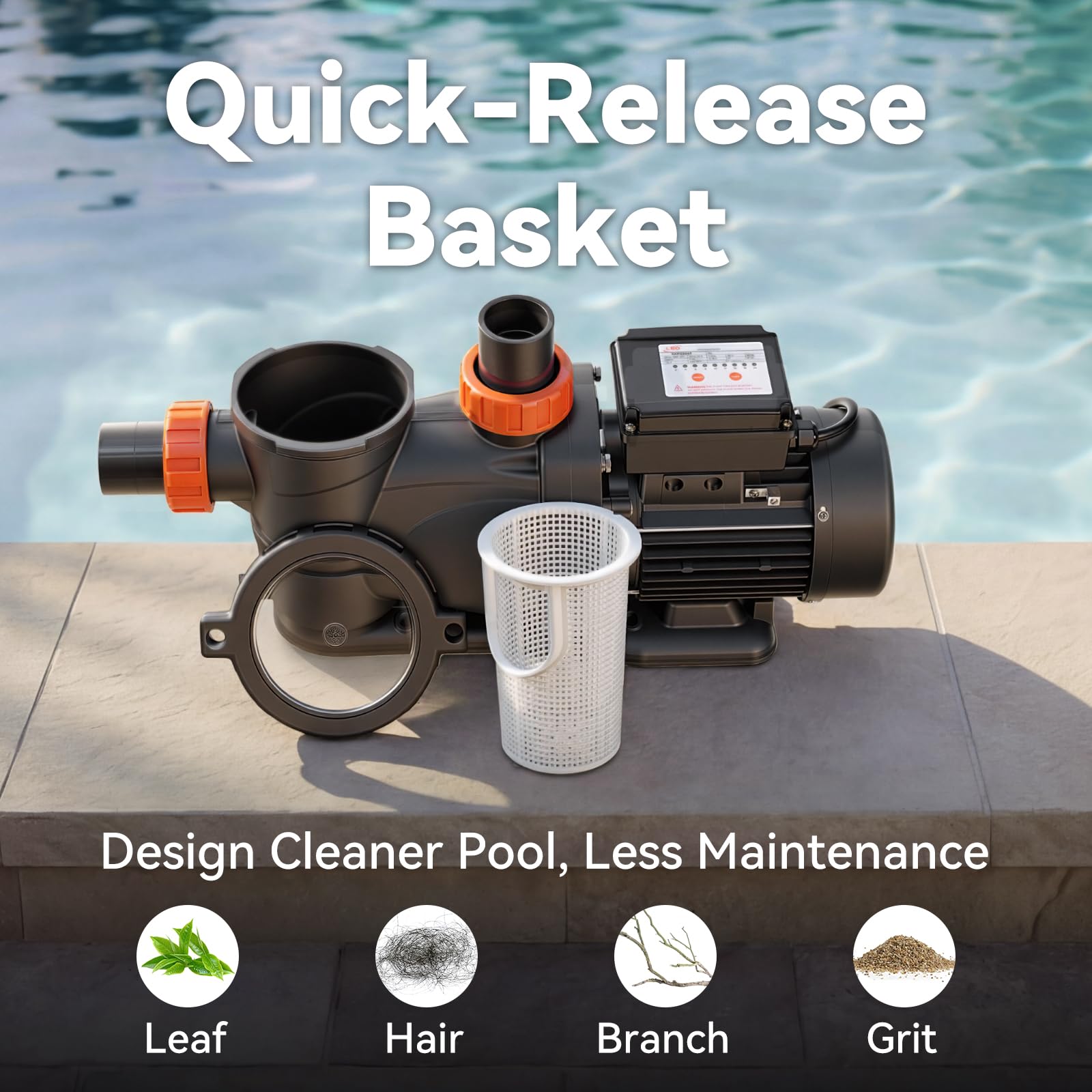 LEO pump mounted at pool skimmer showing correct plumbing connection