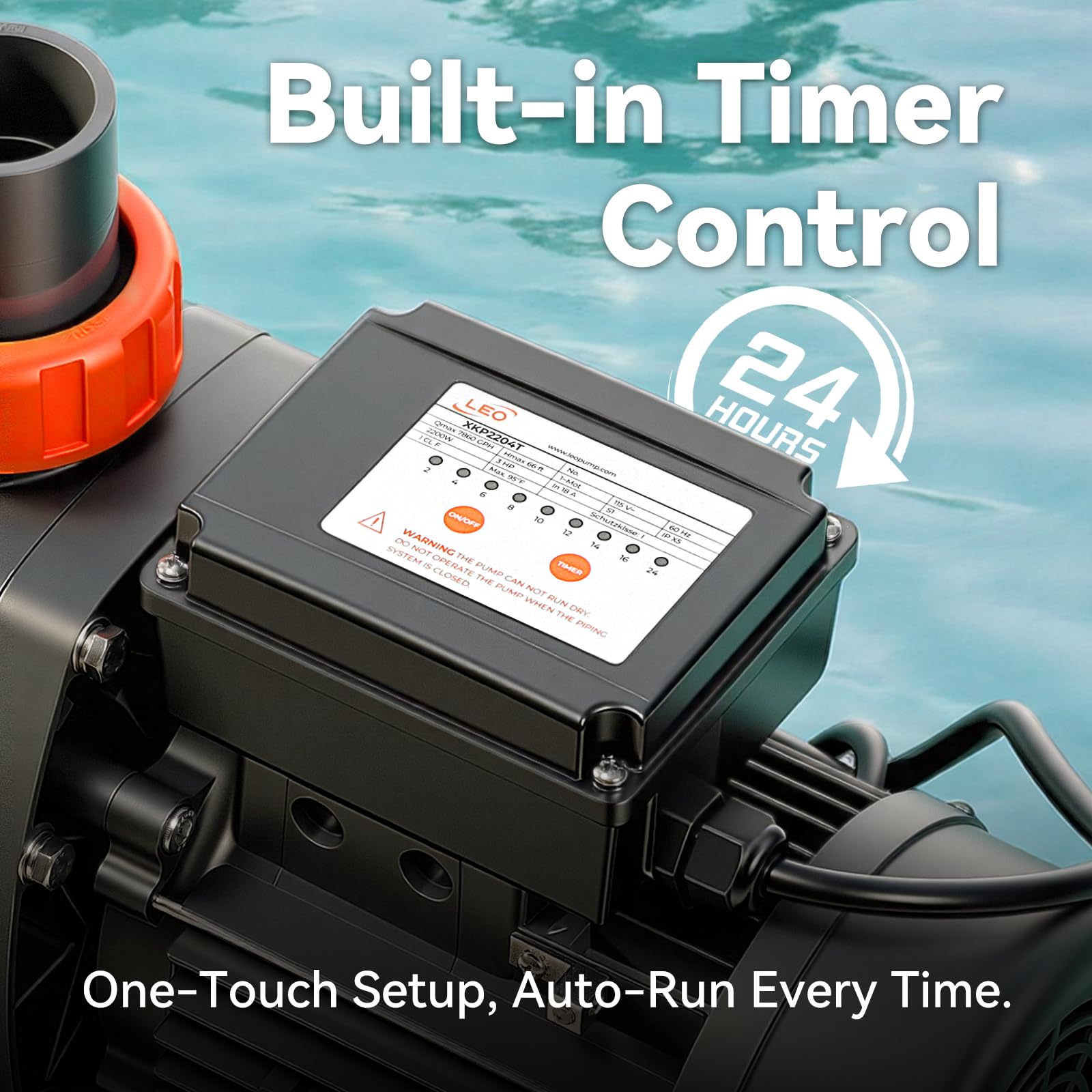 LEO pump motor close-up showing durable build and thermal protection