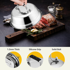 Leonyo 12.5-inch dome melting cheese on burger for faster, even finish benefit