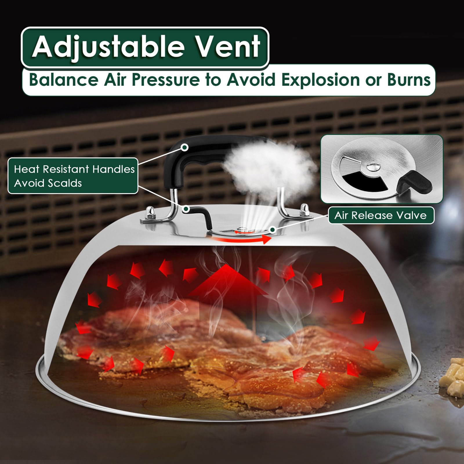 Leonyo dome covering multiple burgers on griddle reducing splatter and speeding melt benefit
