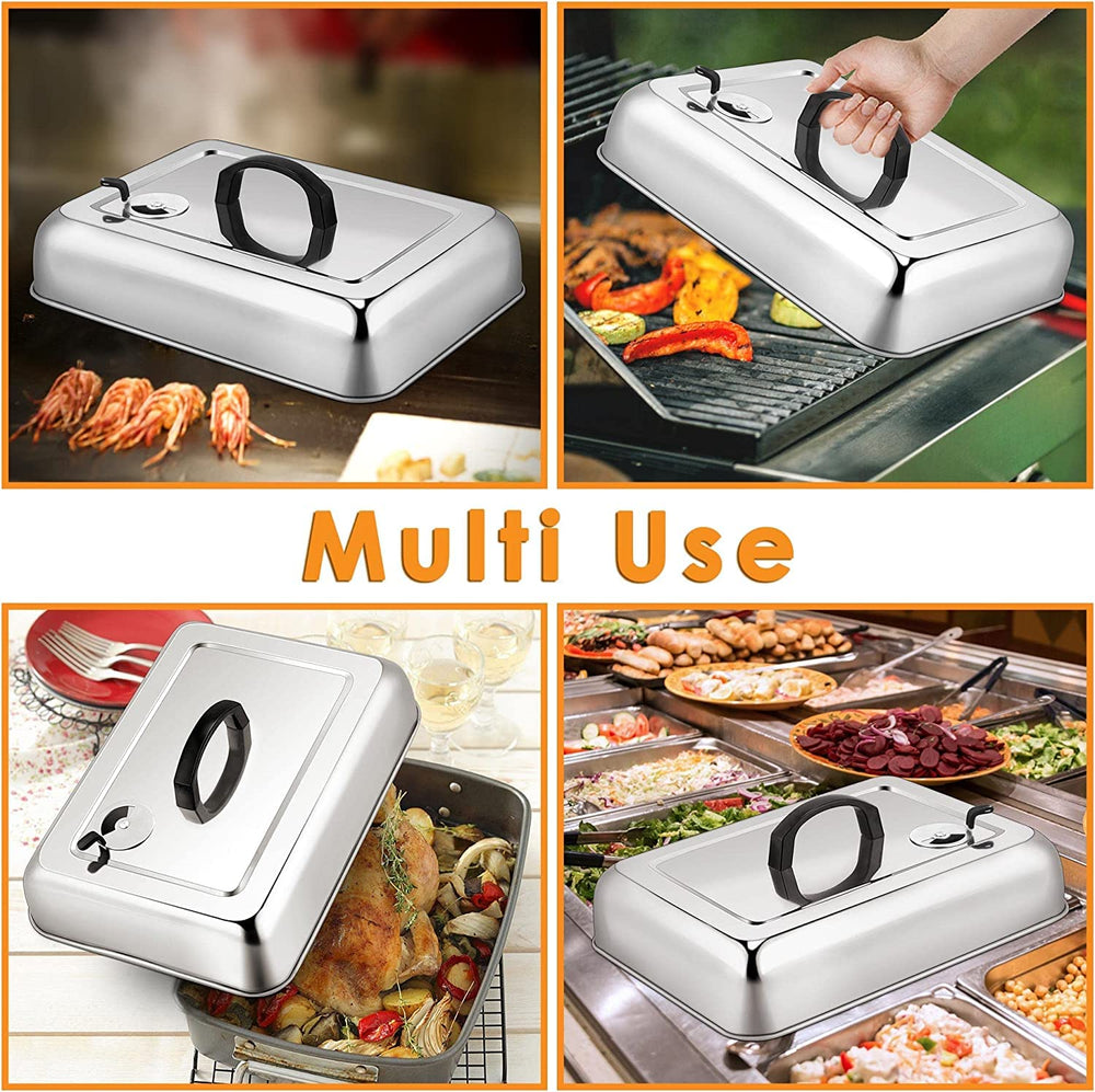 Leonyo dome placed on outdoor grill finishing patties and reducing oil splatter