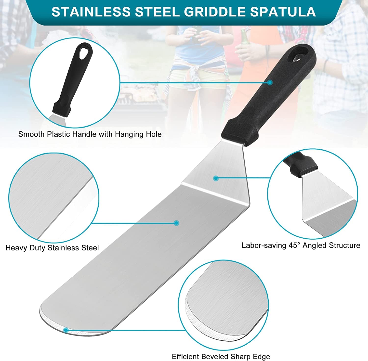 Leonyo enlarged griddle spatula close-up showing sturdy stainless-steel edge for easy flipping
