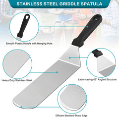 Leonyo enlarged griddle spatula close-up showing sturdy stainless-steel edge for easy flipping