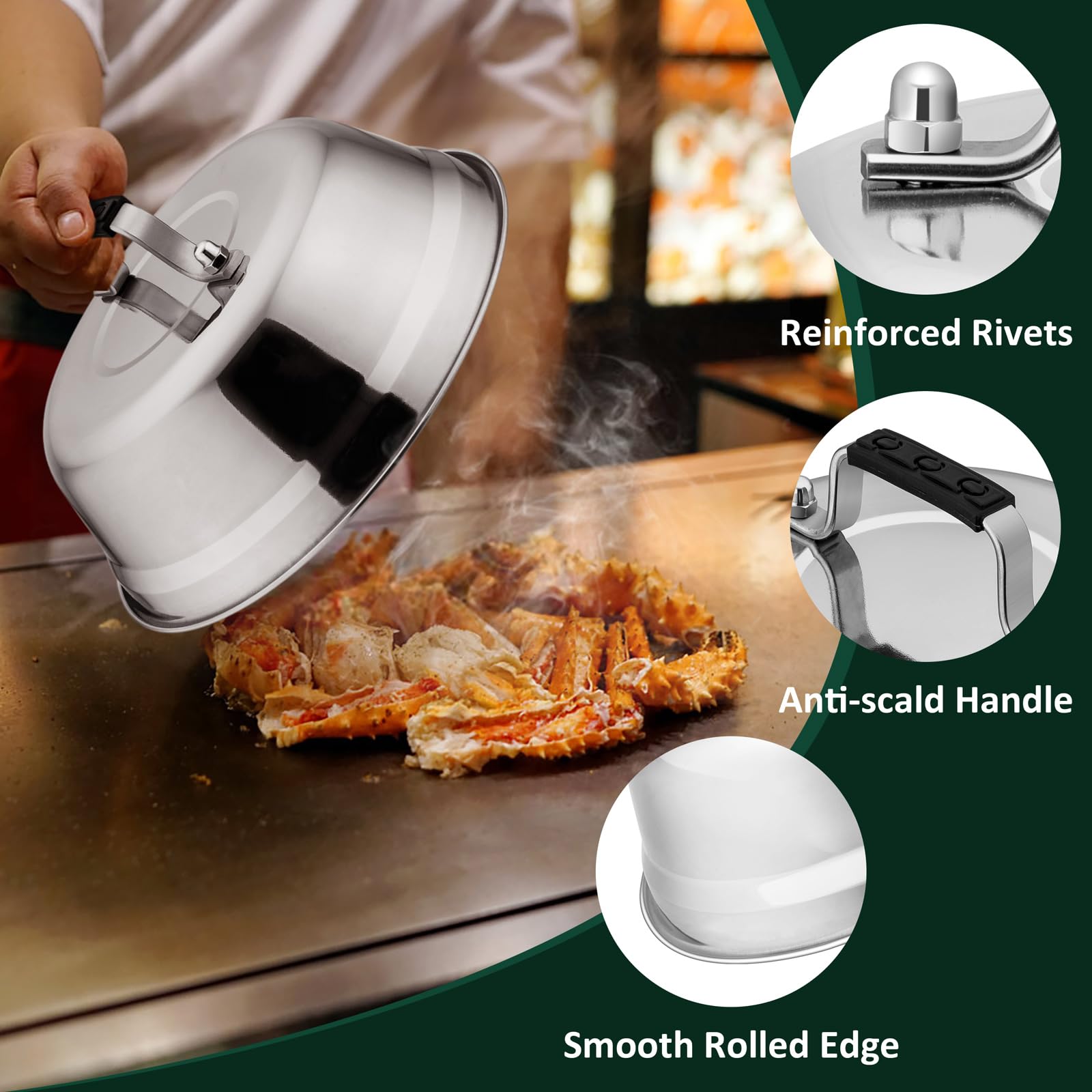 Leonyo riveted heatproof handle detail showing secure grip and burn prevention benefit