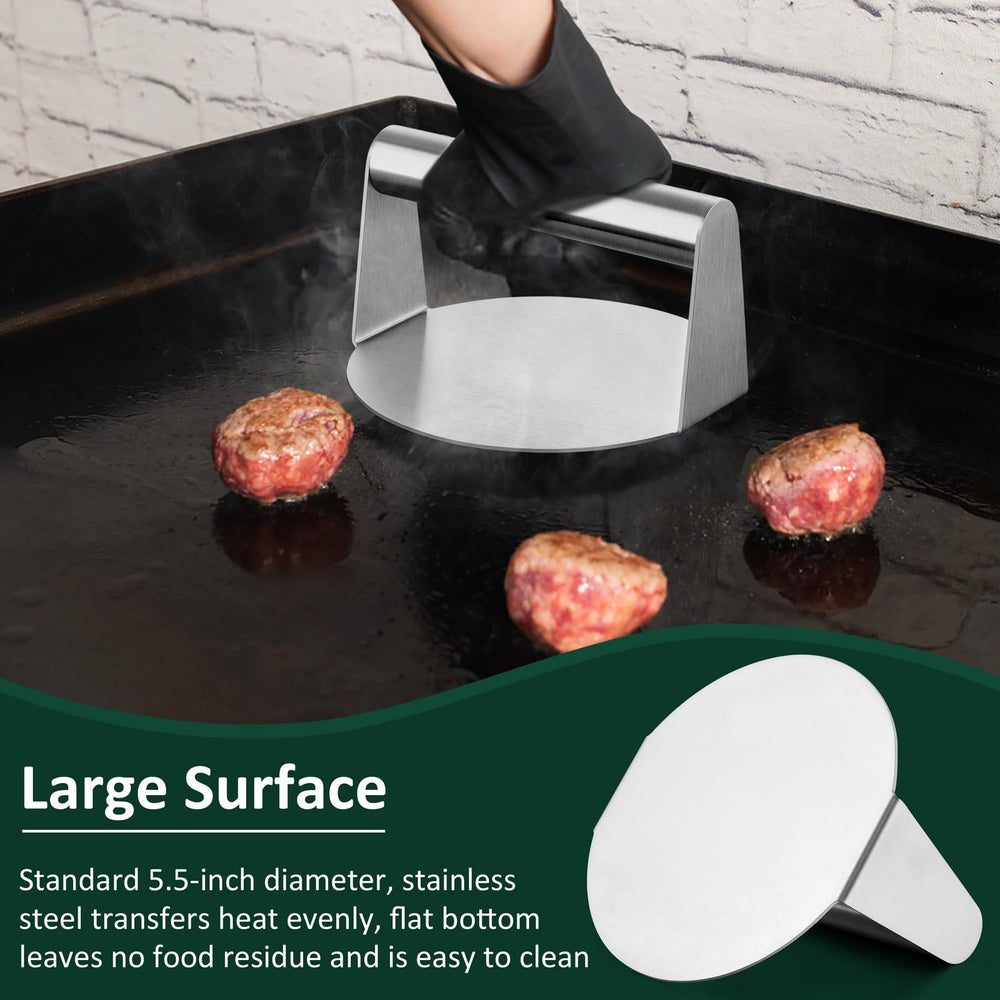 Leonyo burger press flat surface close-up for even searing and consistent patties benefit